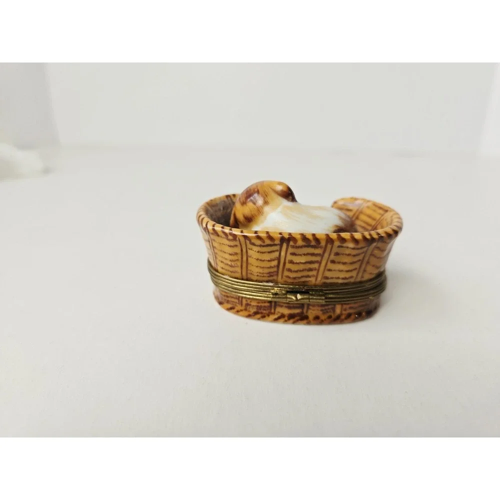 Vintage Limoges France trinket box puppy dog in bed No 031